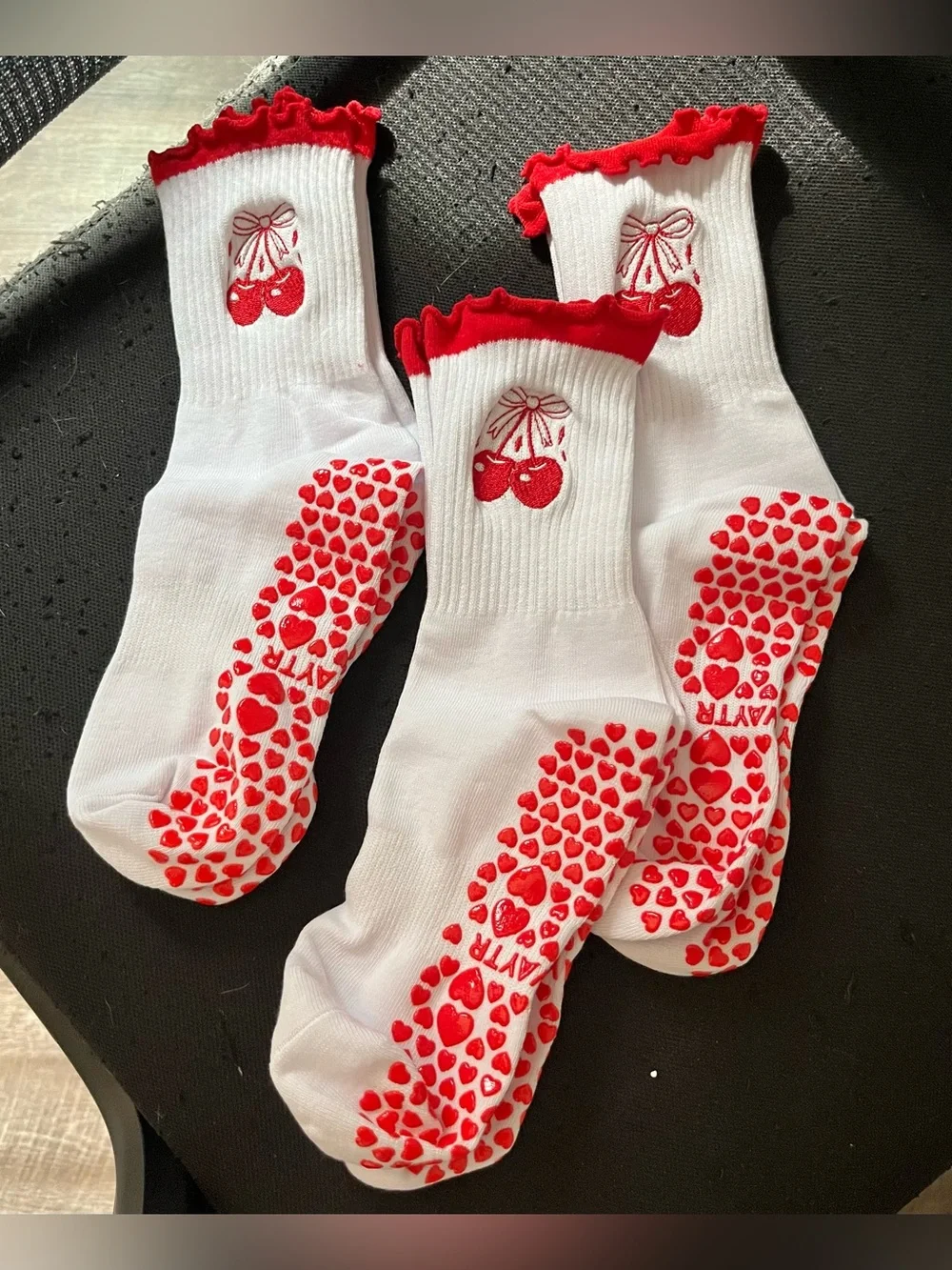 Kids White Socks with Red Cherry Embroidery and Non-Slip Grip